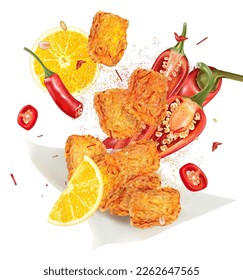 Spicy fried chicken nuggets with red chili, lemon and vegetable ingredients splashing on white background. Vector realistic in 3D illustration. Food concepts.