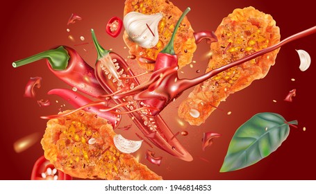 Spicy fried chicken with red chili splashing on solid color background, Vector realistic in 3D illustration.