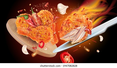 Spicy fried chicken with red chili splashing on solid color background, Vector realistic in 3D illustration.