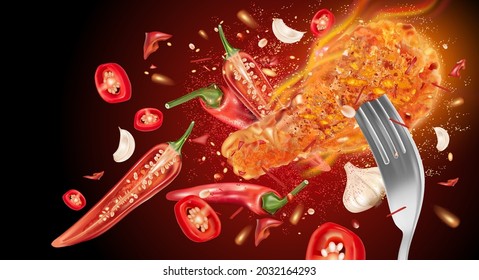 Spicy fried chicken with red chili splashing on solid color background, Vector realistic in 3D illustration.