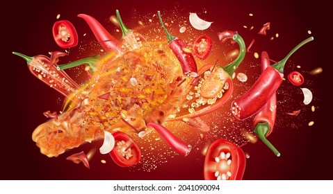 Pollo picante frito con chile rojo salpicando sobre fondo de color sólido, Vector realista en ilustración 3D.