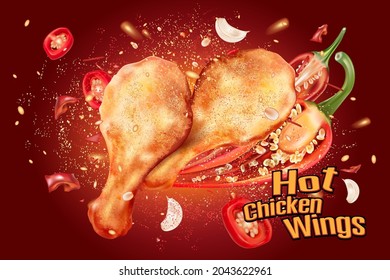 Spicy fried chicken with red chili splashing on solid color background, Vector realistic in 3D illustration.