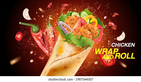 Spicy fried chicken wrap and roll with red chili splashing on solid color background, Vector realistic in 3D illustration.