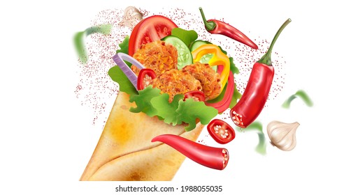 Spicy Fried Chicken Wrap And Roll With Red Chili Splashing Isolated On White Background, Vector Realistic In 3D Illustration.