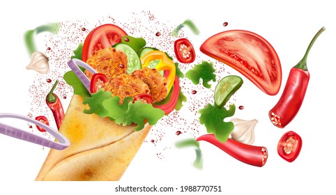 Spicy fried chicken wrap and roll with Red chili splashing isolated on white background, Vector realistic in 3D illustration.