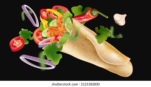 Spicy fried chicken wrap and roll with red chili splashing on solid color background, Vector realistic in 3D illustration.