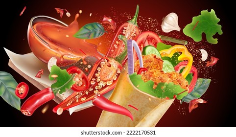 Gewürzfrittiertes Hühnerblatt mit rotem Chilischoten auf festem Hintergrund, Vektor realistisch in 3D-Illustration.