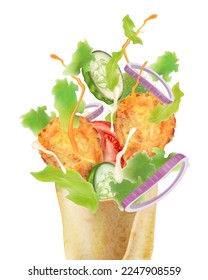 Revestimiento picante de pollo frito y rollo con verduras salpicadas de fondo blanco, Vector realista en ilustración 3D.