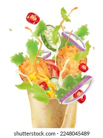 Spicy fried chicken wrap and roll with red chili splashing on white background, Vector realistic in 3D illustration.