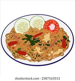 Spicy fried noodles from Indonesia with vegetables, egg, chili, topped with cucumber and tomato