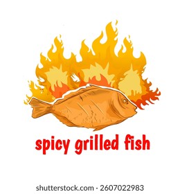 Spicy grilled fish with a fire burning without background