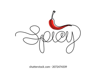 Letras manuscritas picantes con pimiento picante rojo simbólico para la definición de comida picante. Diseño continuo de texto de dibujo de línea. Ilustración del vector