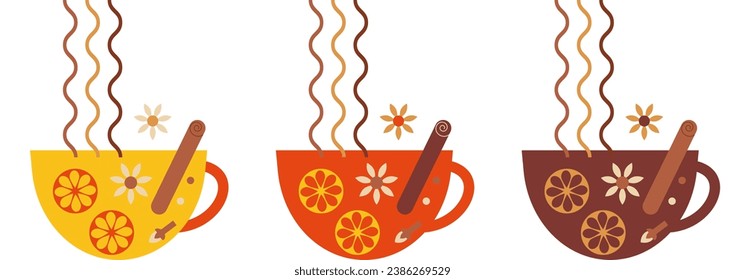 Spicy and healthy warm winter drink. Splashes and spices in mug. Cup of tea, coffee, cocoa, chocolate or mulled wine with star anise and clove. Drink lover concept. Abstract vector illustration.