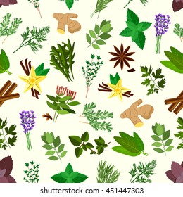 Spicy Herbs And Condiments Seamless Pattern With Parsley, Mint, Rosemary, Basil, Dill And Anise, Thyme, Oregano, Cinnamon, Ginger, Bay Leaves, Vanilla, Cloves, Arugula, Lavander, Terragon And Sage