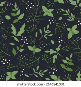 Spicy herbs - dill, basil, mint, cumin, oregano flat vector seamless pattern. Organic fresh herbs illustration. Background on the theme of cuisine, cooking, farm products, vitamin food.