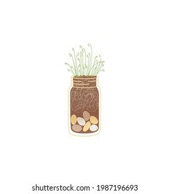 Las hierbas picantes crecen en un frasco, un icono vectorial aislado. Sembramientos con balcón propio, hierbas cultivadas en el hogar, huerto. Plantas machacadas de elementos de jardinería, verduras brotadas.
