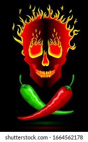 Spicy hot burning mexican red and green peppers on a background of a burning fiery human skull. Black neutral background. Vector vertical orientation. For cooking, websites, blogs, advertising