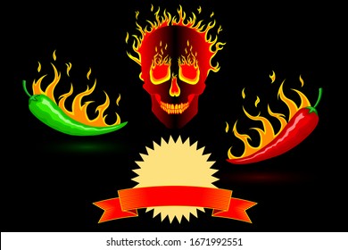 Spicy hot burning mexican red and green peppers in fire on a background of a burning fiery human skull. Black neutral background. Vector vertical orientation. For cooking, websites, blogs, advertising
