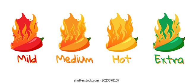 Spicy hot chili pepper icons set with flame and rating of spicy Mild, medium hot and extra hot level of pepper sauce or snack food Chili pepper or chile habanero and jalapeno level Hot pepper sign