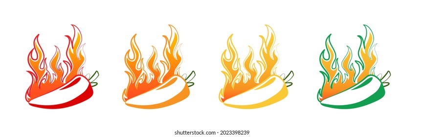 Spicy hot chili pepper icons set with flame and rating of spicy Mild, medium hot and extra hot level of pepper sauce or snack food Chili pepper or chile habanero and jalapeno level Hot pepper sign