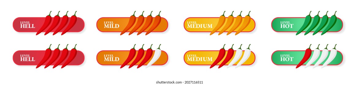 Spicy hot chili pepper icons set with flame and rating of spicy Mild, medium hot and extra hot level of pepper sauce or snack food Chili pepper or chile habanero and jalapeno level Hot pepper sign