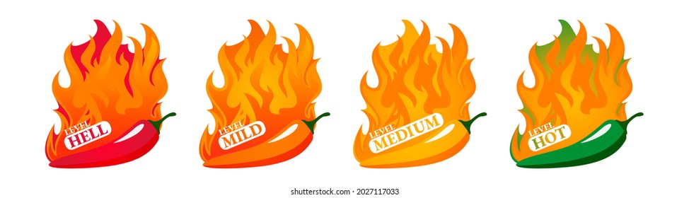 Spicy hot chili pepper icons set with flame and rating of spicy Mild, medium hot and extra hot level of pepper sauce or snack food Chili pepper or chile habanero and jalapeno level Hot pepper sign