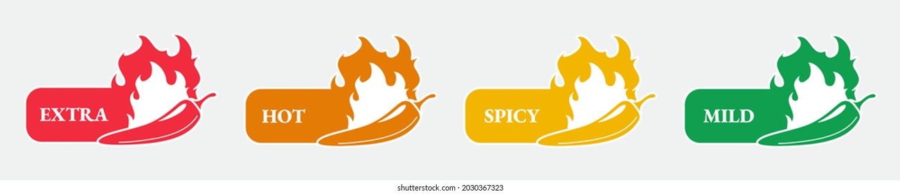 Spicy hot chili pepper icons set with flame and rating of spicy Mild, medium hot and extra hot level of pepper sauce or snack food Chili pepper or chile habanero and jalapeno level Hot pepper sign