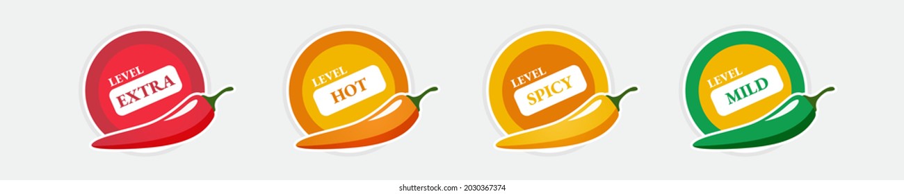 Spicy hot chili pepper icons set with flame and rating of spicy Mild, medium hot and extra hot level of pepper sauce or snack food Chili pepper or chile habanero and jalapeno level Hot pepper sign