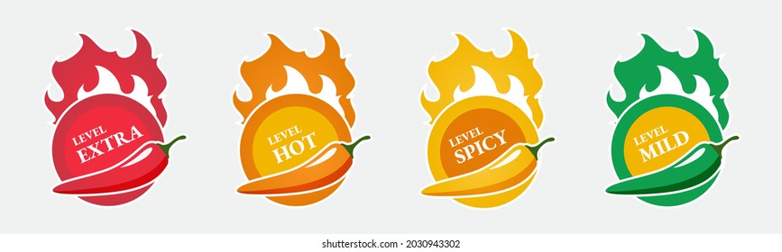 Spicy hot chili pepper icons set with flame and rating of spicy Mild, medium hot and extra hot level of pepper sauce or snack food Chili pepper or chile habanero and jalapeno level Hot pepper sign