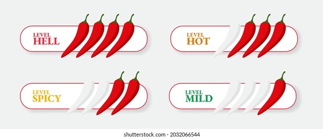 Spicy hot chili pepper icons set with flame and rating of spicy Mild, medium hot and extra hot level of pepper sauce or snack food Chili pepper or chile habanero and jalapeno level Hot pepper sign