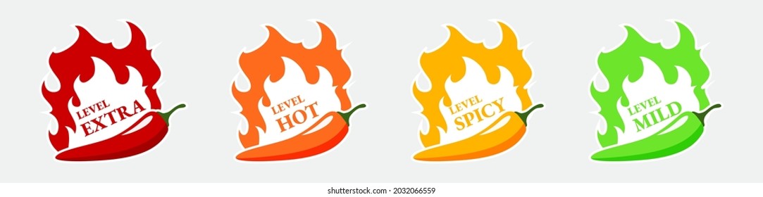 Spicy hot chili pepper icons set with flame and rating of spicy Mild, medium hot and extra hot level of pepper sauce or snack food Chili pepper or chile habanero and jalapeno level Hot pepper sign