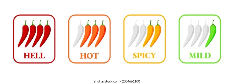 Spicy hot chili pepper icons set with flame and rating of spicy Mild, medium hot and extra hot level of pepper sauce or snack food Chili pepper or chile habanero and jalapeno level Hot pepper sign