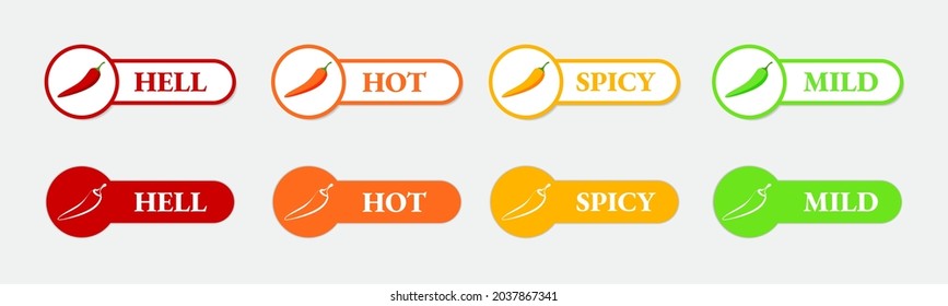 Spicy hot chili pepper icons set with flame and rating of spicy Mild, medium hot and extra hot level of pepper sauce or snack food Chili pepper or chile habanero and jalapeno level Hot pepper sign