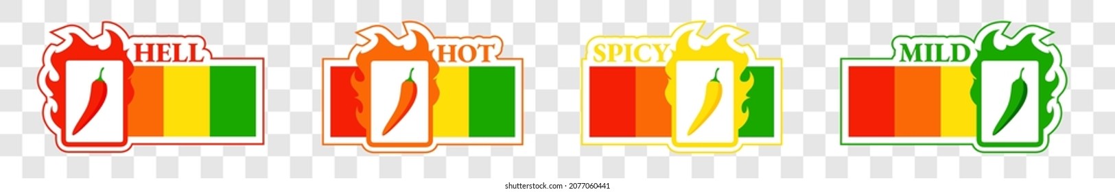 Spicy hot chili pepper icons set with flame and rating of spicy Mild, medium hot and extra hot level of pepper sauce or snack food Chili pepper or chile habanero and jalapeno level Hot pepper sign