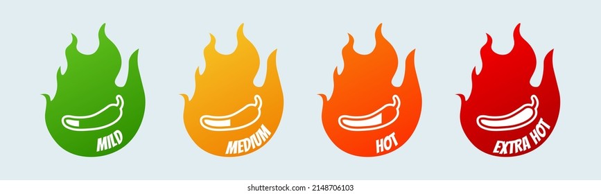 Spicy hot chili pepper icons set with flame and rating of spicy mild, medium hot and extra hot level.