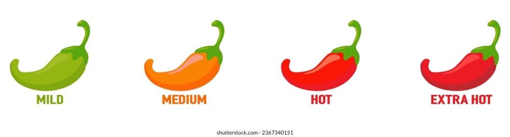 Spicy hot chili pepper icons set with flame and rating of spicy. No pepper mild medium hot and extra hot level of pepper for sauce or snack food menu. Vector Illustration. Vector Graphic.