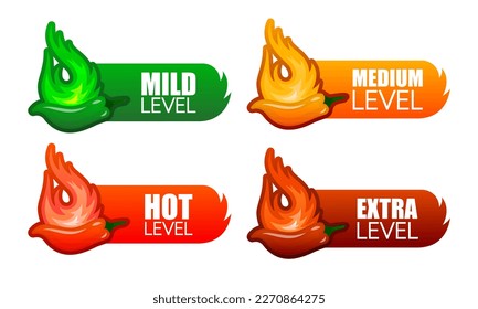 Spicy hot chili pepper. Label or sticker collection with flame and rating of spicy. Spicy food levels concept. Mild, medium hot and hell level of pepper. Vector illustration.