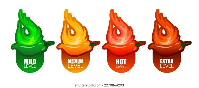 Spicy hot chili pepper. Label or sticker collection with flame and rating of spicy. Spicy food levels concept. Mild, medium hot and hell level of pepper. Vector illustration.