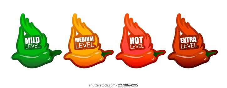 Spicy hot chili pepper. Label or sticker collection with flame and rating of spicy. Spicy food levels concept. Mild, medium hot and hell level of pepper. Vector illustration.