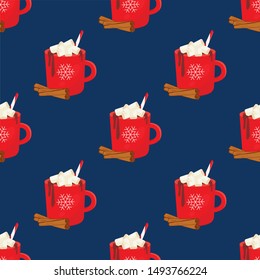 Spicy hot chocolate. Red cup of cocoa with marshmallows. Seamless vector pattern. Christmas greeting card design element. Template for holiday menu, fabric and wrapping paper.