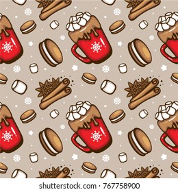 Spicy hot chocolate. Red cup of  cocoa with marshmallows and cookies. Seamless vector pattern. Christmas greeting card design element. Template for holiday menu, fabric and wrapping paper.