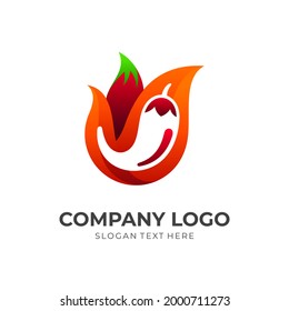 spicy hot, fire and chili, combination logo with 3d colorful style