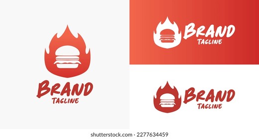Spicy Hot Fire Hamburger Burger Food Restaurant Logo Design Vector Template for Brand Business Company