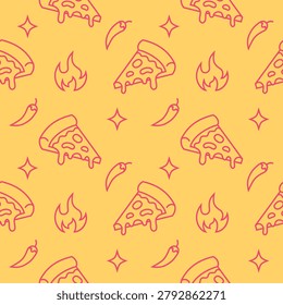 Spicy hot pizza seamless pattern design concept. Pizza slice and chili pepper illustration, vector.