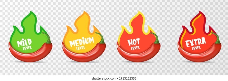 Spicy hot red chili pepper icons set with flame and rating of spicy. Vector spicy food level sticker collection, mild, medium hot and extra hot level of pepper sauce or snack food