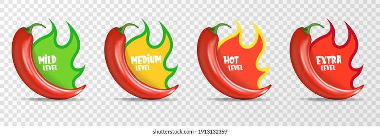 Spicy hot red chili pepper icons set with flame and rating of spicy. Vector spicy food level sticker collection, mild, medium hot and extra hot level of pepper sauce or snack food