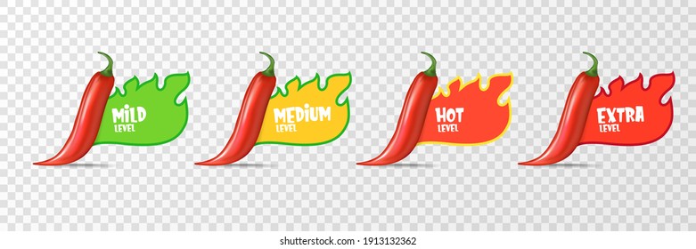 Spicy hot red chili pepper icons set with flame and rating of spicy. Vector spicy food level sticker collection, mild, medium hot and extra hot level of pepper sauce or snack food