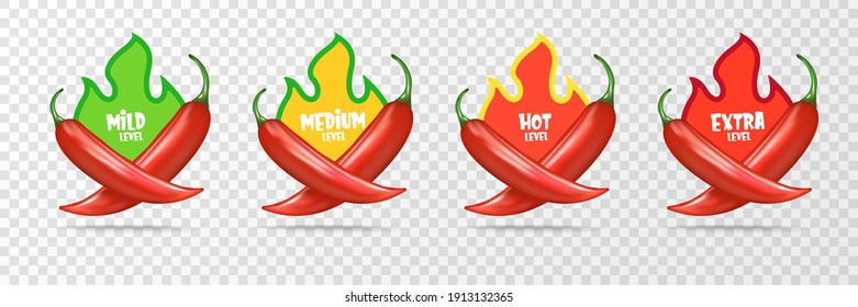 Spicy hot red chili pepper icons set with flame and rating of spicy. Vector spicy food level sticker collection, mild, medium hot and extra hot level of pepper sauce or snack food