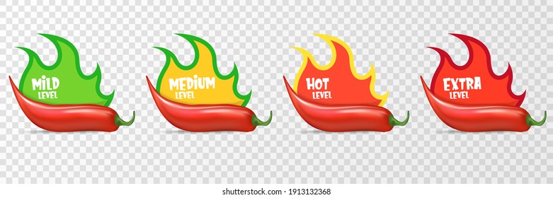 Spicy hot red chili pepper icons set with flame and rating of spicy. Vector spicy food level sticker collection, mild, medium hot and extra hot level of pepper sauce or snack food