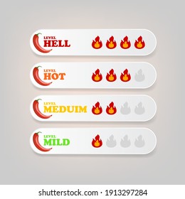 Spicy hot red chili pepper banners or stickers set with flame and rating of spicy. Vector spicy food level icon collection, mild, medium hot and hell  level of pepper sauce or snack food